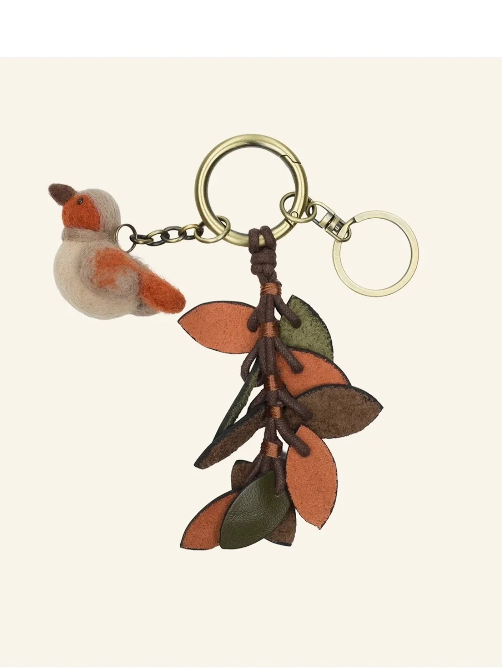Cute Bird Keychain with Leather Leaf Tassel - Orange & Olive NWT Patricia Nash